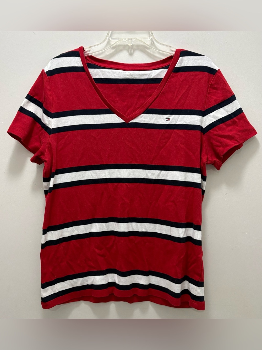 Tommy Hilfiger Red Navy White Striped V-Neck Tee